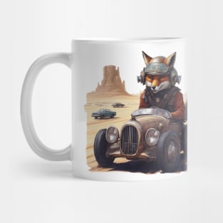 a Fox racing a car across the desert Mug